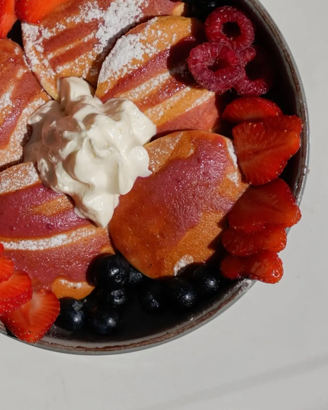 Red berry pancakes up close